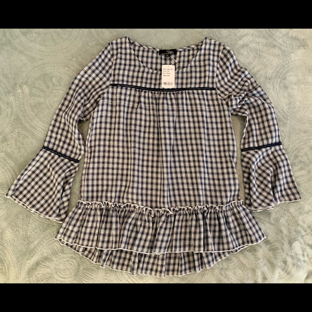 Brand New - Never worn!!; Navy/White Plaid LS Boutique Top; Original price $57
